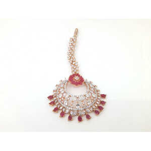 Women Rose Gold-Plated Pink & White Zircon Studded Handcrafted Maang Tikka