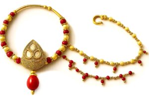 Gold Plated White Kundan Stone Pearl Beaded Kundan Nath|Studded Nose Pin with Beaded