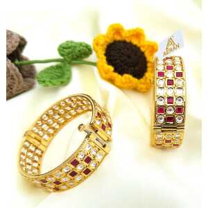 AERAN "Classic Ruby Kundan Bangles "Regal Grid Bangles – Red & White Stone Edition"