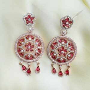 "Red Blossom Chandelier Earrings"  "Victorian-Inspired Ruby Dangle Earrings"