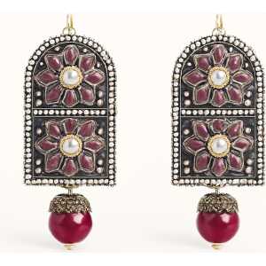 Antique Silver Window Design AD Earrings with Red Bead Drops